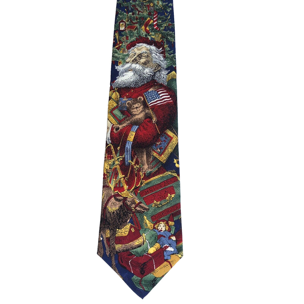Christmas Neck Tie, Santa Flags Bears 1990s, Vintage Retro 1990s Silk Tango